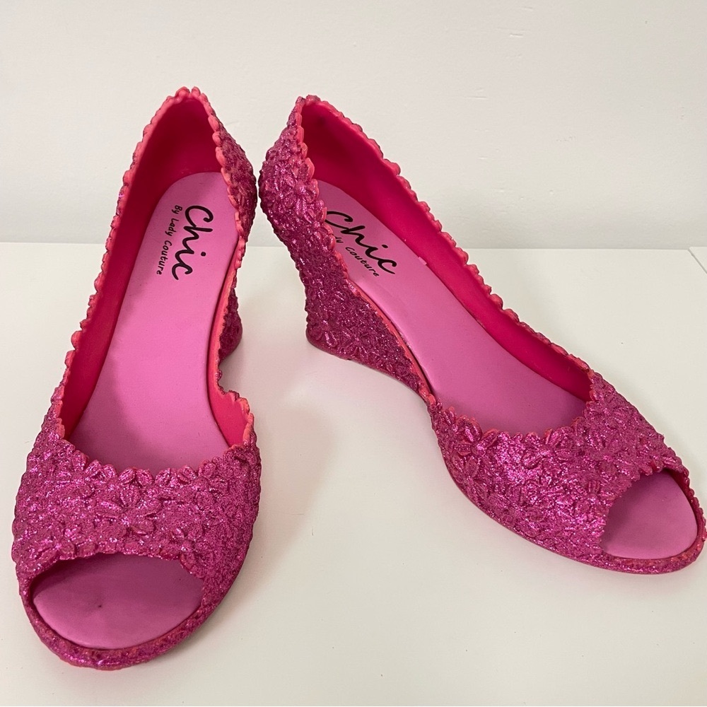 CHIC by Lady Couture JELLY floral sparkly glitter peep toe wedge heels. …